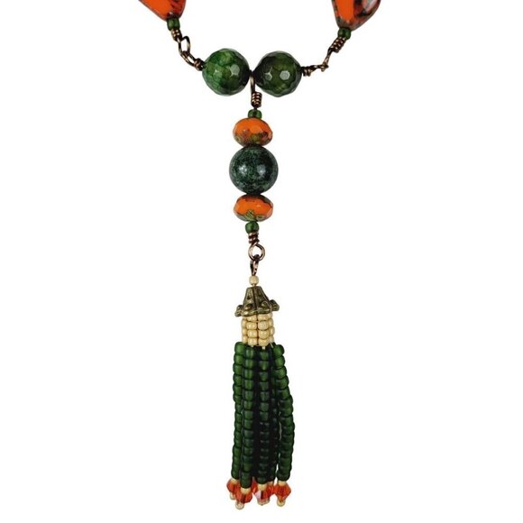 Artisan Army Olive Green Orange Glass Beaded Necklace Tassel Drop Fall Inspired - Picture 2 of 6